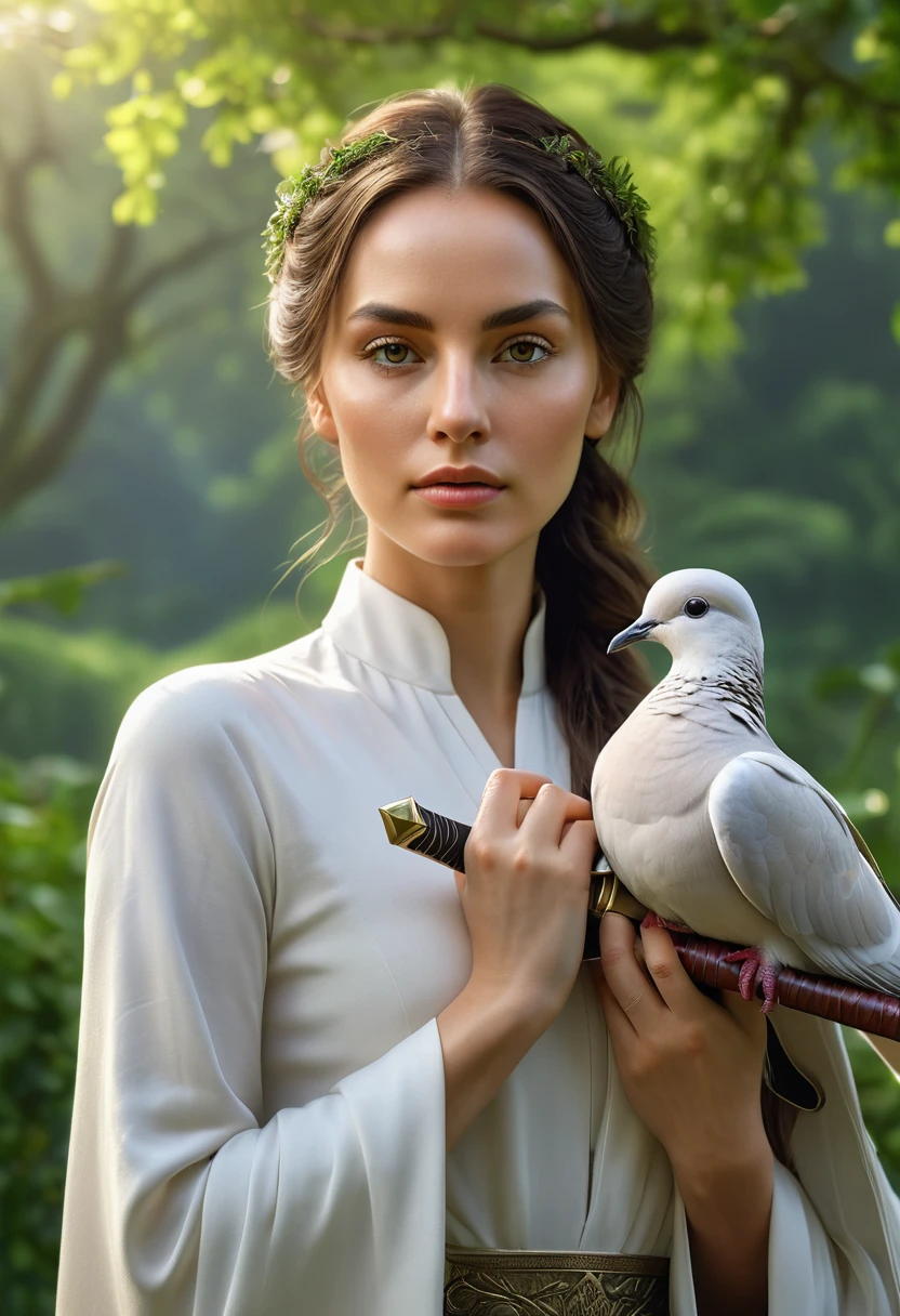 a woman holding a sword in her hand, a dove sitting on her hand, lush green landscape, highly symmetrical, (best quality,4k,8k,highres,masterpiece:1.2),ultra-detailed,(realistic,photorealistic,photo-realistic:1.37),detailed face and eyes, elegant pose, peaceful expression, dramatic lighting, serene atmosphere, natural setting, cinematic composition