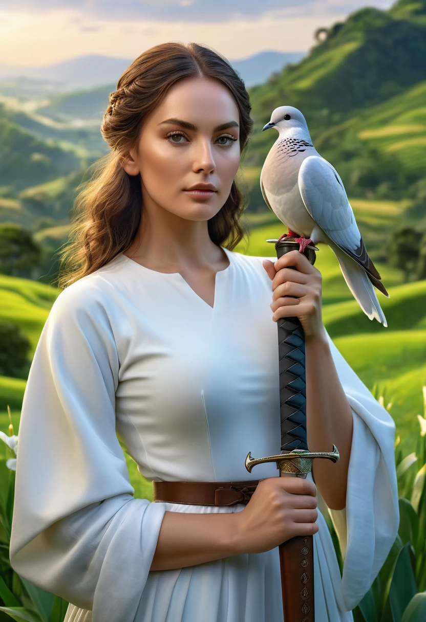 a woman holding a sword in her hand, a dove sitting on her hand, lush green landscape, highly symmetrical, (best quality,4k,8k,highres,masterpiece:1.2),ultra-detailed,(realistic,photorealistic,photo-realistic:1.37),detailed face and eyes, elegant pose, peaceful expression, dramatic lighting, serene atmosphere, natural setting, cinematic composition