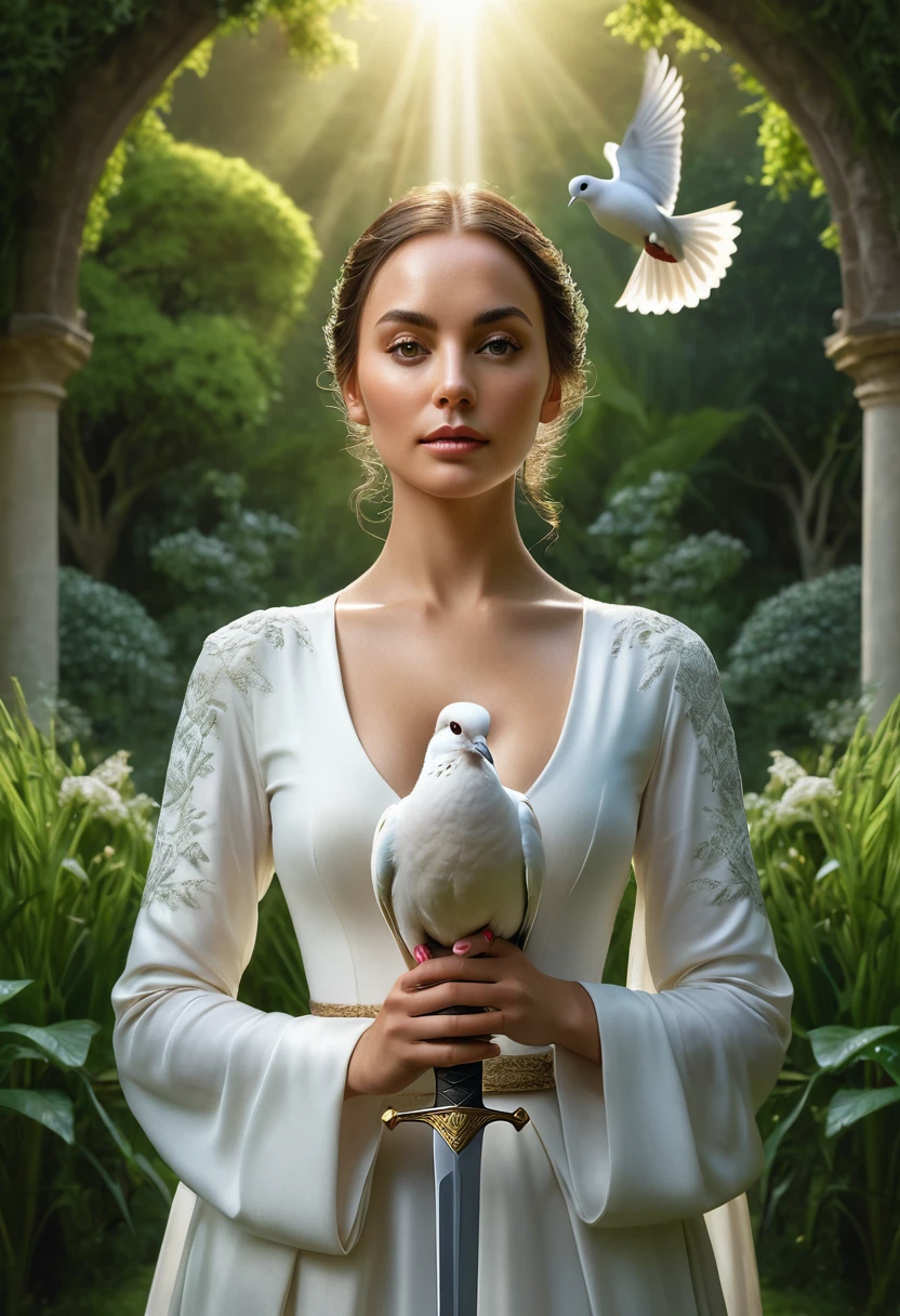 a woman holding a sword in her hand, a dove sitting on her hand, lush green landscape, highly symmetrical, (best quality,4k,8k,highres,masterpiece:1.2),ultra-detailed,(realistic,photorealistic,photo-realistic:1.37),detailed face and eyes, elegant pose, peaceful expression, dramatic lighting, serene atmosphere, natural setting, cinematic composition