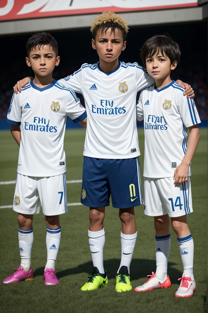 Create an image with 3 children, one like CR7, the other like Messi and the other like Neymar 