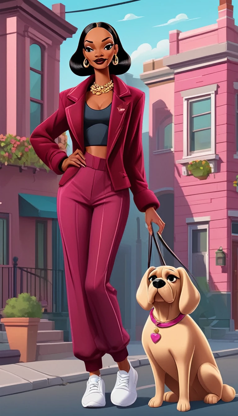 Singer Snoop Doog burgundy velvet coat sports pants holding Madame's pink dog next to Madame woman beautiful attractive body with curves elegant costume in ghetto neighborhood Cartoon Vector art with details.