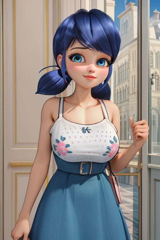 (8k, RAW photo, best quality, masterpiece:1.2), (intricate details), perfect eyes, perfect face, perfect lighting, beautiful, (masterpiece:1.2), (best quality:1.2), 1girl, (Marinette, blue hair,) (hair in ponytails,) adult torso, 19 years old, slight smile, huge sized breasts, cowboy shot, pink dress