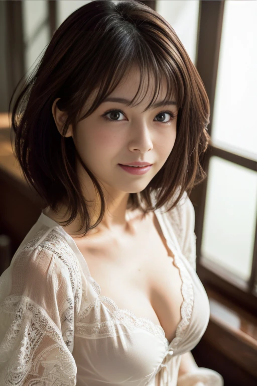 (RAW Photos), (Realistic), (masterpiece), (highest quality), High resolution, 8K resolution, (Intricate details), (Volumetric Light), Portraiture, woman,, short hair, Straight hair, Layered Hair, Brown haired, Highly detailed eyes, Source order, Very thin eyebrows, Highly detailed skin, Highly detailed mouth, Highly detailed nose, Cute like an idol, smile, ((Thick lips)), ((Look at the viewers)), (Elegant blouse)、Cleavage、Cleavage、The color of the clothes is up to you、The color of her underwear is see-through colorful、Nipples are visible,She emphasizes the size of her breasts with her hands、Ecstatic expression、I feel angry towards the other person、