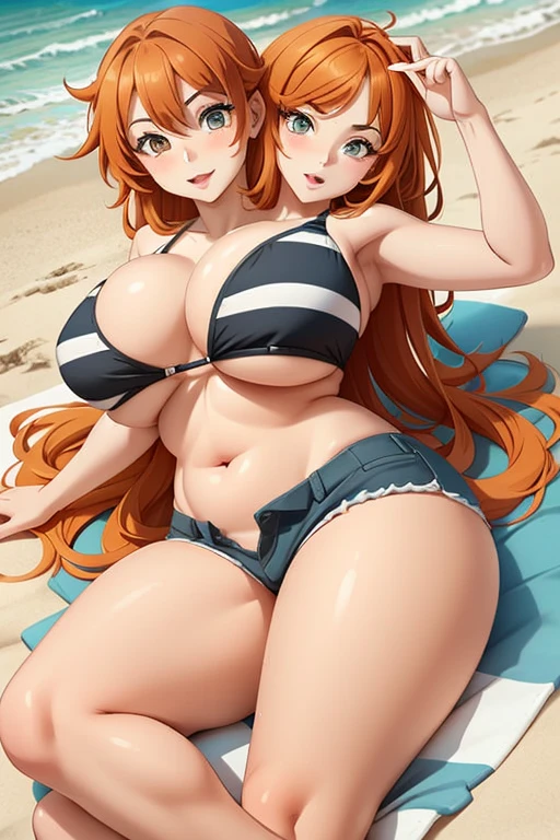 2heads, a short chubby woman with 2 heads. She has four breasts. She is relaxing on the beach. She is wearing a striped bikini top and jean shorts. She has long orange hair. She has four breasts. She is laying on a beach towel. She is relaxed. She looks mature. She is extremely short. She is laying on her back. She looks happy, seductive expression. She has two legs with thick thighs. She is wearing eyeliner.