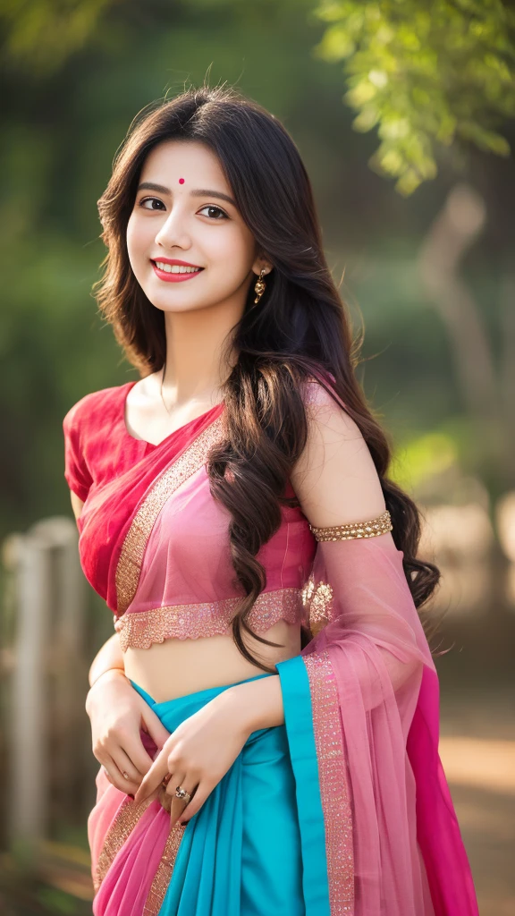8K, ultra high detailed, an indian girl, cute smile realistic face, happy, long hair, impressive hairstyle, detailed eyes, detailed lips, indian clothes, saree, pink saree, lace, wearing jewellery, nature background, flowers, afternoon, shadow, clear weather, whole body capture,noch slim 