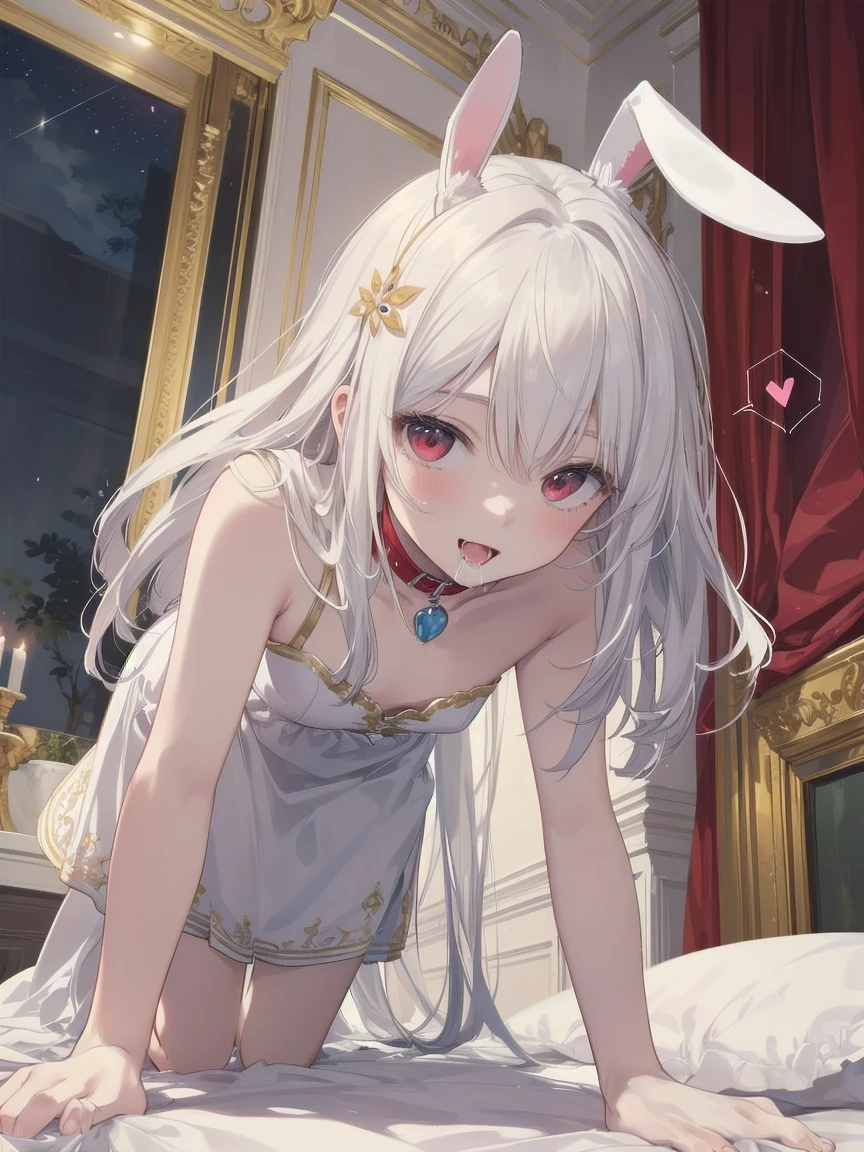 (masterpiece, best quality), ultra high resolution, (best quality photorealistic illustration), (ultra detailed), (cute illustration: 1.3), (high saturation: 1.2), detailed beautiful face and eyes, highly detailed background, dynamic lighting, (very delicate and beautiful), nice hands, perfect hands, (proper posture), (proper composition), ideal body proportions, ((single girl)), solo, (on all fours), (front view: 1.2), from below, dynamic angle, (close-up of upper body), royal bedroom with luxurious canopy bed, tapestry and artwork, (night: 1.3), resting, (manga style), (line art_animation), (cowboy shot, best quality), (photo of laura bud: 1.2), (add details of laura: 1.0), 8k, flat color: 0.8, single girl, smiling, (white One-piece dress, bedroom background, 1.5), white hair, long hair, beautifully detailed red eyes, saliva, on all fours, red collar, orgasm face, sexual climax, glamorous, rabbit tail, rabbit on head, flustered, spoken heart