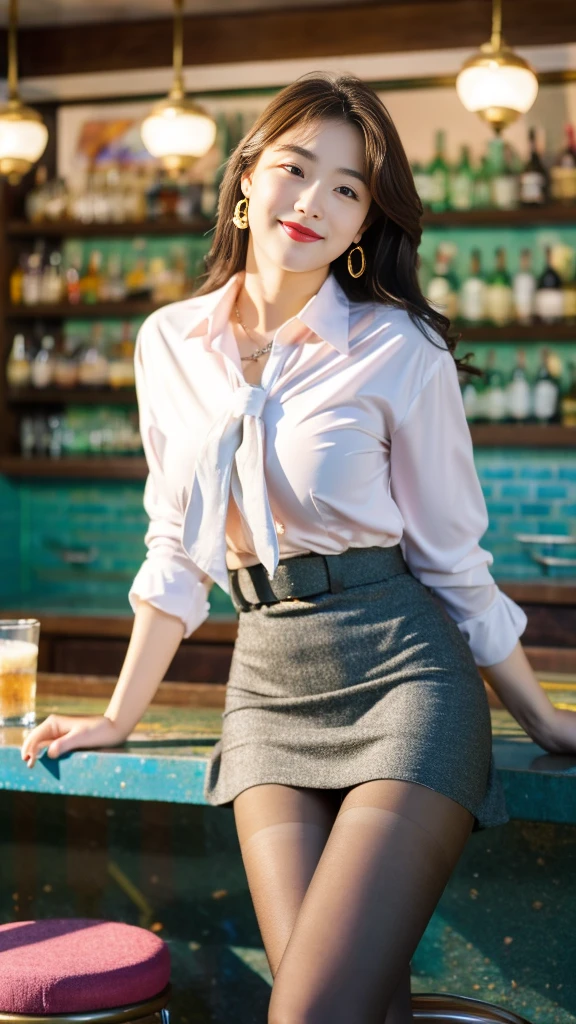 Exquisite, masterpiece, beautiful details, colorful, delicate details, delicate lips, intricate details, large breasts, 1 female, (a beautiful 20-year-old cute Korean woman: 1.1), (kpop idol, Korean mixed), (50mm Sigma f/1.4 ZEISS lens, F1.4, 1/800s, ISO 100, photograpy:1.1), (brunetize: 1.2), (photorealistic:1.4 ), (SPY:1.2), (Open Jacket,Shirt, Skirt,Tie,Black Pantyhose,Christian Louboutin\(Brand\),:1.3), Earrings, Necklace, Armbands, (Tavern, Bar:1.2), (Beautiful Legs, High Girl, Skinny, slim_legs, thigh_gap, Model:1.2), Lens flare, viewed from the front, (Happy smile: 1.1), dynamic pose, (makeup: 1.2), sitting on a bar stool,