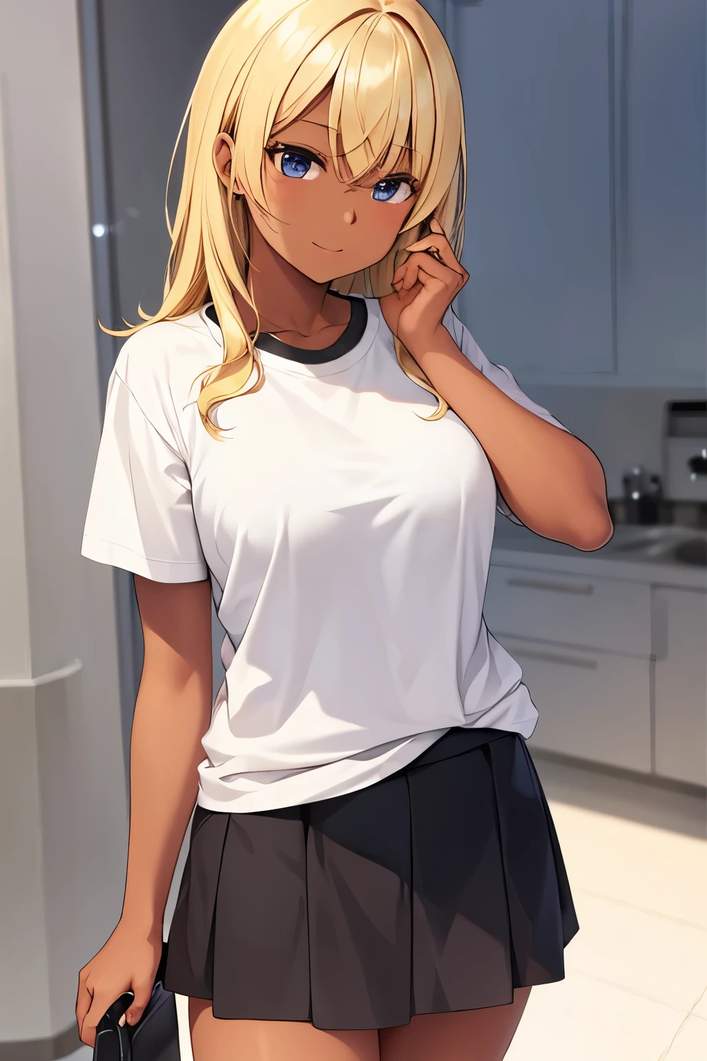 girl, cute, blonde, dark skin, oversized shirt, skirt,