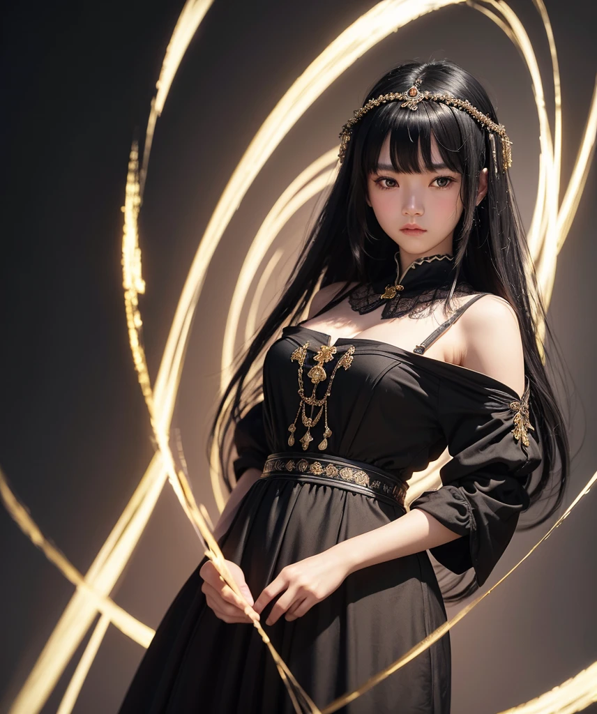 a mongolian princess girl,bangs black hair,standing,looking at to the viewer,(Very Detailed: 1.3),ultra realistic,HDR,(High Dynamic Range),8K RAW,(((1GIRL))),(((wearing black gown))),sad face,(((black background))),masterpiece,best quality,perfect proportion