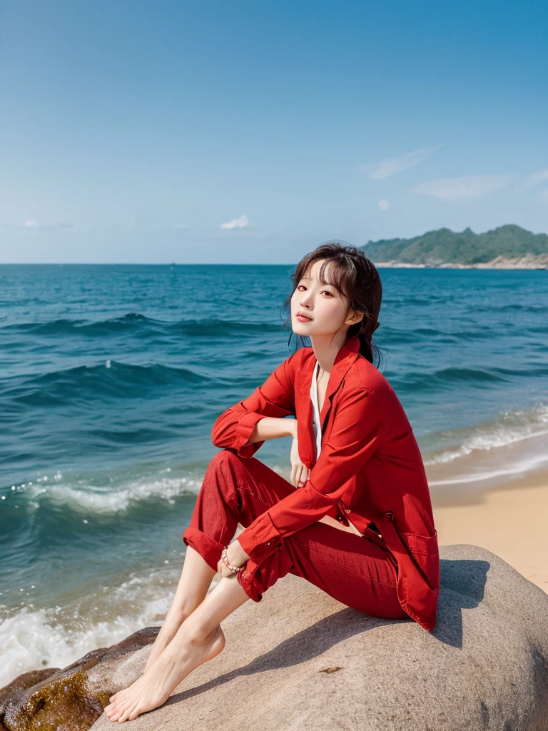 a Korean woman poses sitting on a rock, red casual clothes, beige jeans, barefoot in the middle of the vast ocean, the sun is shining brightly, a luxury ship is passing by