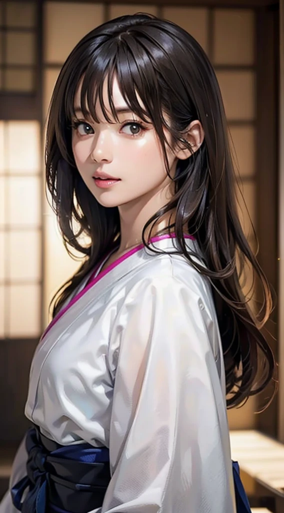 (Realistic)、(Realistic:1.2)、(High resolution)、Very detailed、Very beautiful face and eyes、1 girl、Delicate body、(highest quality、Attention to detail、Rich skin detail)、(highest quality、8k、Oil paint:1.2)、Very detailed、(Realistic、Realistic:1.37)、Bright colors、Full Body Shot,black_hair, Beautiful 8k eyes,Looking_in_Audience,One person in,Are standing,((Very beautiful woman, Fuller lips, Japanese pintern kimono))、((Colorful Japanese kimono)))、(((blackhair)))、(((Blunt bung,long straight hair)))、((( Inside an old Japanese house with a (short focus :1.4),)))、(masterpiece, highest quality, highest quality, Official Art, beautifully、aesthetic:1.2),(Fractal Art:1.3),Sengoku period、Greg Rutkowski Written by Alphonse Mucha Ropp,short ,uchikake,nishijin ori,(realistic light and shadow), (real and delicate background),(muted colors, dim colors, soothing tones:1.3), low saturation, (hyperdetailed:1.2), (noir:0.4),drow,blurry_light_background, (vibrant color:1.2), cinematic lighting, ambient lighting,Single Shot,Shallow Focus,pink lip,blurry light background,