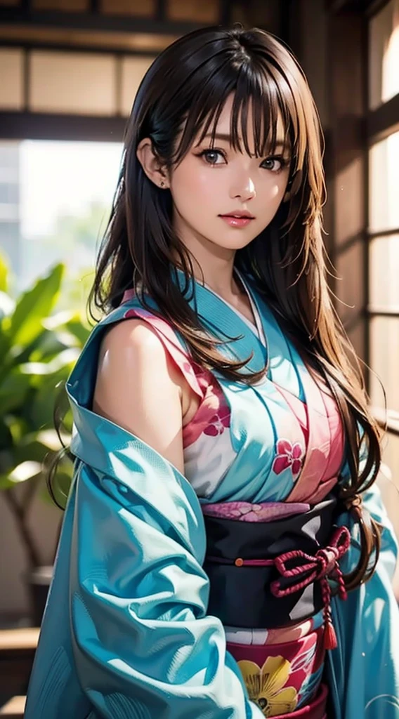 (Realistic)、(Realistic:1.2)、(High resolution)、Very detailed、Very beautiful face and eyes、1 girl、Delicate body、(highest quality、Attention to detail、Rich skin detail)、(highest quality、8k、Oil paint:1.2)、Very detailed、(Realistic、Realistic:1.37)、Bright colors、Full Body Shot,black_hair, Beautiful 8k eyes,Looking_in_Audience,One person in,Are standing,((Very beautiful woman, Fuller lips, Japanese pintern kimono))、((Colorful Japanese kimono)))、(((blackhair)))、(((Blunt bung,long straight hair)))、((( Inside an old Japanese house with a (short focus :1.4),)))、(masterpiece, highest quality, highest quality, Official Art, beautifully、aesthetic:1.2),(Fractal Art:1.3),Sengoku period、Greg Rutkowski Written by Alphonse Mucha Ropp,short ,uchikake,nishijin ori,(realistic light and shadow), (real and delicate background),(muted colors, dim colors, soothing tones:1.3), low saturation, (hyperdetailed:1.2), (noir:0.4),drow,blurry_light_background, (vibrant color:1.2), cinematic lighting, ambient lighting,Single Shot,Shallow Focus,pink lip,blurry light background,