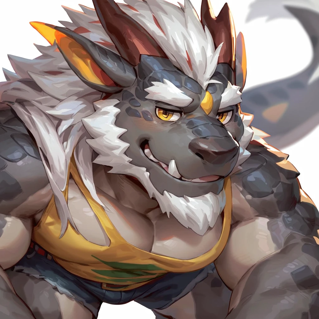 (artist: noku13456, jacketbear,lindong, null-ghost, dangpa, gamma_g, kulplant),male, sfw, eastern dragon, , bara, big chest, simple bg, one fluffy tail, old man, fluffy mane, , grey body, white hair, solo, scales, detailed scales, tank top, jeans shorts, dragon horns, yellow iris, big eyes, white beard, fluffy hair, detailed face:2.0, one tail, masterpiece:2.0, perfect eyes:2.0, good anatomy:2.0, full body:2.0, profile shot, forward pov