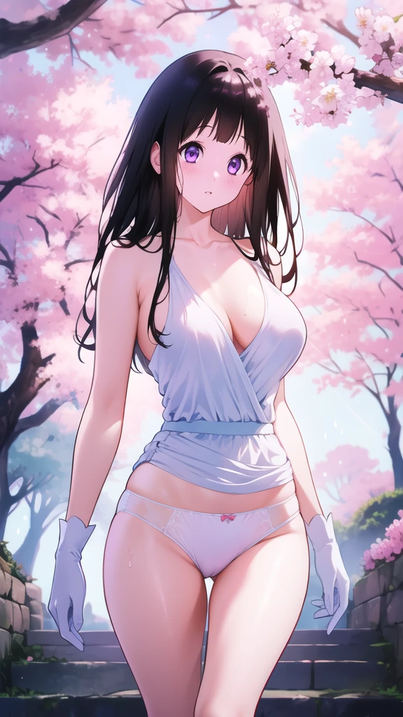 Amazing Chitanda, There is only one beautiful girl,Purple Eyes, Black Hair, Very red face,Very white skin,Glowing skin,Skin as delicate as porcelain,Naturally straight hair, Straight bangs,Extremely refined,Open lips,Long flowing hair,Beautiful Girl, Like a dream,Slim,Slim waist,Soft, (Sensual), (Kawaii), Dream quality,Beautiful big breasts,Areola,Completely naked,White gloves,Flower decoration,Deep V neckline,Loose neckline,Wide neckline,Walking in school,Place your hands on your inner thighs,Sweaty and sweaty,Underwear Rain,Next to the cherry blossom trees,Back to,Lean over,Hips,Side body,Gluteal groove,Completely naked的臀部,Bare back,Completely naked的背部,Light transmission,(no pants),pussy juice,Bare shoulders,Bare neck,Exposed collarbone,Exposing breasts,Exposing breasts侧面,Exposing breasts下面,Show your waist,Show your buttocks,Show your thighs,Exposing the groin,No pants,extremely shy,Ultra-high resolution, (masterpiece:1.2, best quality), (Delicate and beautiful eyes: 1.2), (Beautiful and delicate face)