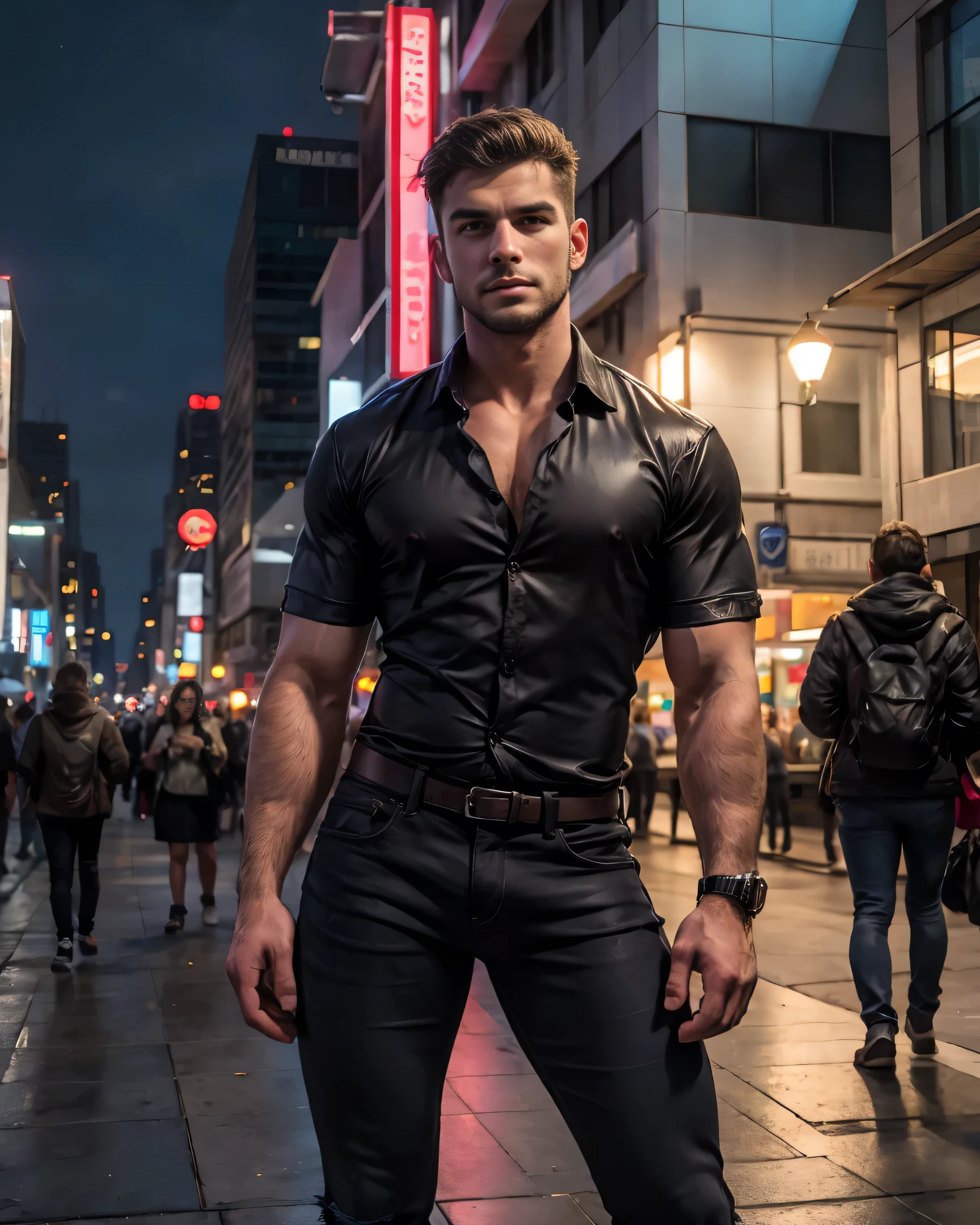 Um homem sensual, alto e musculoso, de pele bronzeada e cabelo preto, posing confidently on an urban street at night. He is wearing a partially unbuttoned black silk shirt and tight jeans.. As luzes da cidade brilham ao fundo, reflecting in glass buildings.