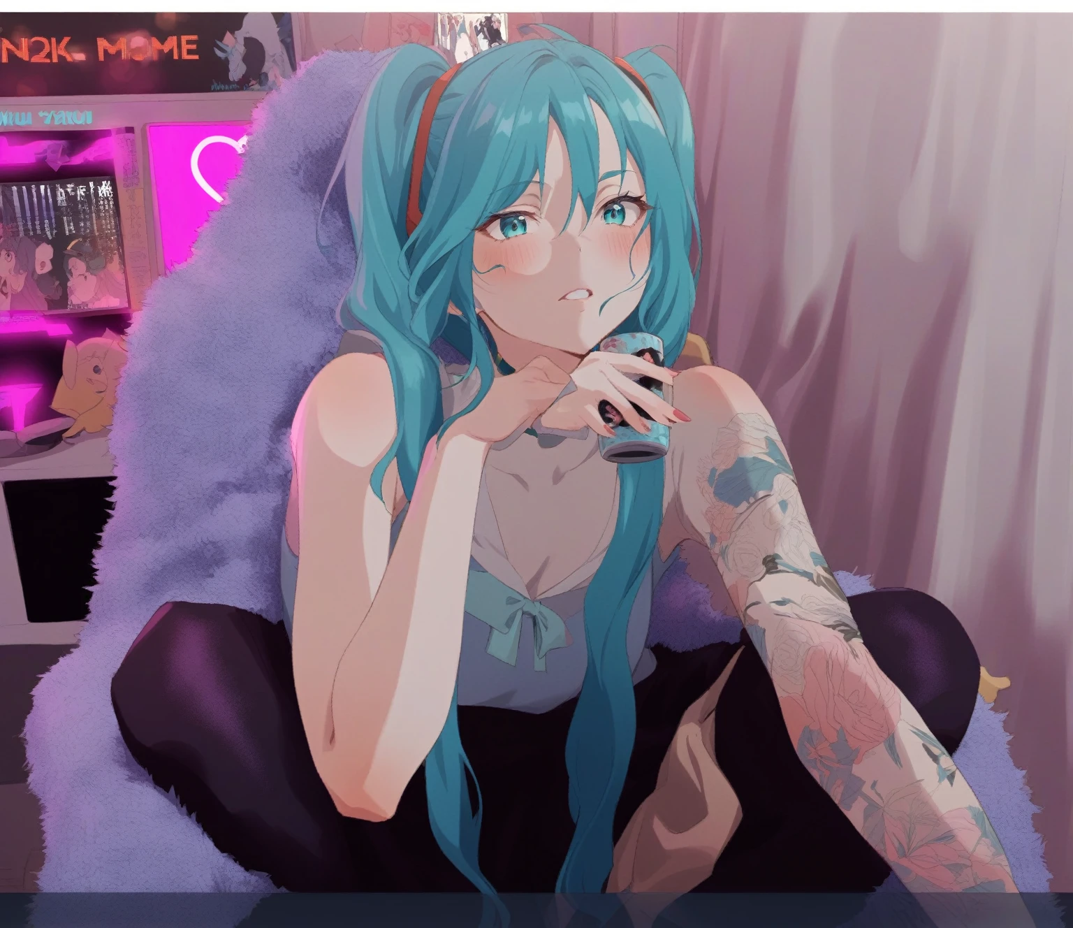 {{{sincos (sincos)}}}, hatsune Miku cosplay, anime girl cosplay, y 2k милыйкор клоункор, anime inspired, Miku, She has pale blue skin!!!, anime atmosphere, hatsune Miku, Anime girl with turquoise hair, Sona is slim, with long turquoise hair