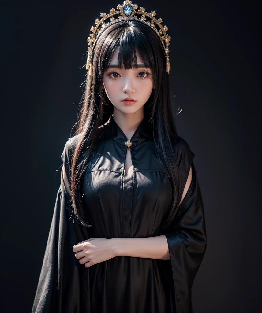 a mongolian princess girl,bangs black hair,standing,looking at to the viewer,(Very Detailed: 1.3),ultra realistic,HDR,(High Dynamic Range),8K RAW,(((1GIRL))),(((wearing black gown))),sad face,(((black background))),masterpiece,best quality,perfect proportion