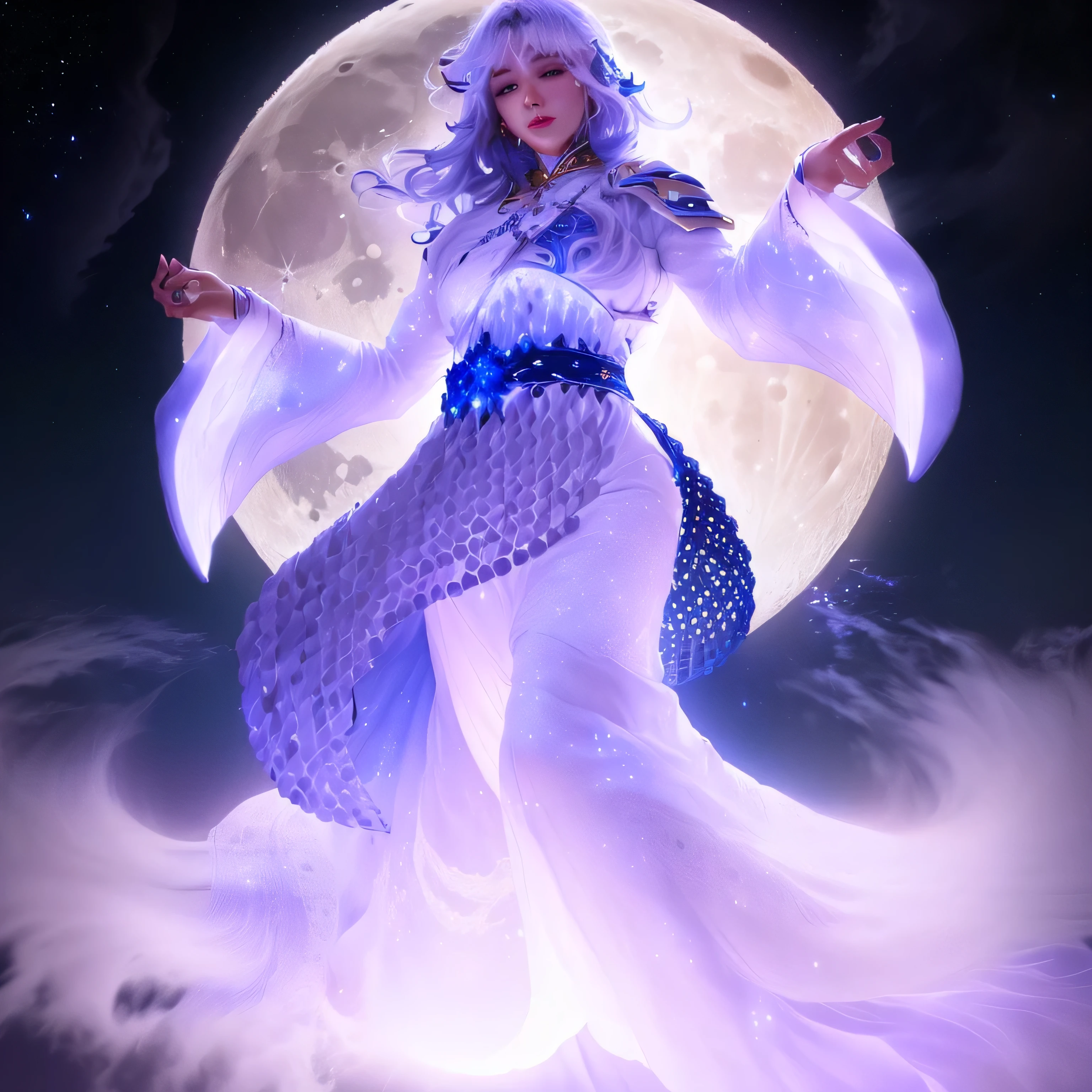 Moon goddess floating in the sky under the full moon, cabelos e vestido branco, pele escura com poderes sobrenaturais