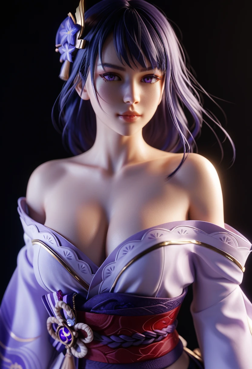 A sexy girl realistic, (Raiden Shogun in Genshin Impact), wearing an off-the-shoulder purple kimono, in her battle pose, epic, cinematic,half body shot,black background,3DCG,3D rendering,realistic,purple lighting,transparent hair,blender, cinematic lighting,soft light,white rim light,high detail,hyper quality,beautiful studio lighting,unreal engine,super detailed, perfect shading,unreal engine,super detailed, 32K,8k, score_9, score_8_up, score_7_up