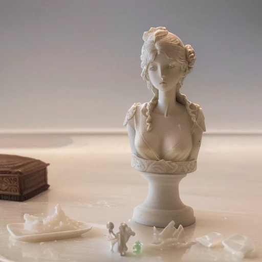 there is a small white statue of a woman on a table, 3/4 bust, bust shot, tiny statue on display, miniature resine figure, bust view, highly detailed melted wax, resin miniature, close up bust shot, 3 d clay figure, small stature, bust, cinematic close-up bust shot, miniature porcelain model, anorexic figure