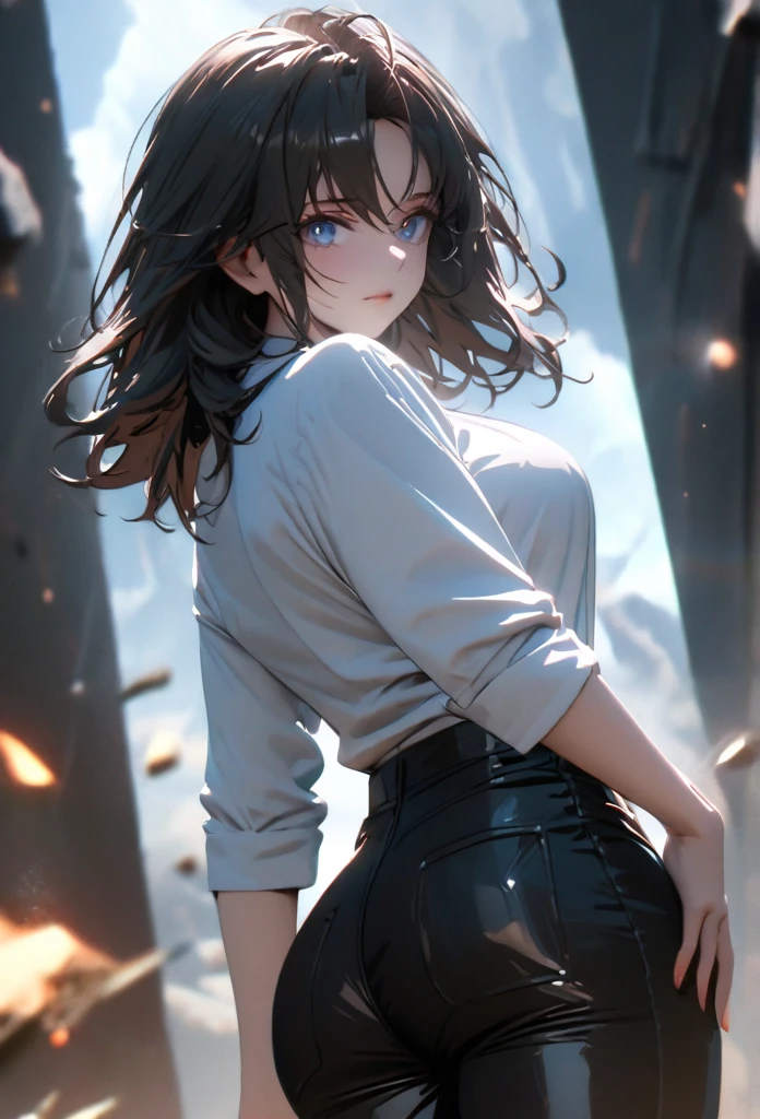 (solo), black hair, messy hair, mane hair, medium hair, dense hair, wild hair, expressive hair, mature,(25 year old), pale skin, blue eyes, ((Female)), beatiful girl, wearing a white shirt, open shirt, tight clothes, long black pants, rolled up sleeves, beautiful, attractive, large breast, and round and big ass, eye reflection, depth of field, thunder aura, cinematic lighting, ray tracing, depth of field, cinematic lighting, ray tracing, UHD, high details, best quality, highres, high quality, award winning, super detail, masterpiece, 8k, UHD, high details, best quality, highres, high quality, award winning, super detail, masterpiece, 8k, digital art, anime coloring, body shot, good face, perfect face, detailed face, good eyes. Space and planets background