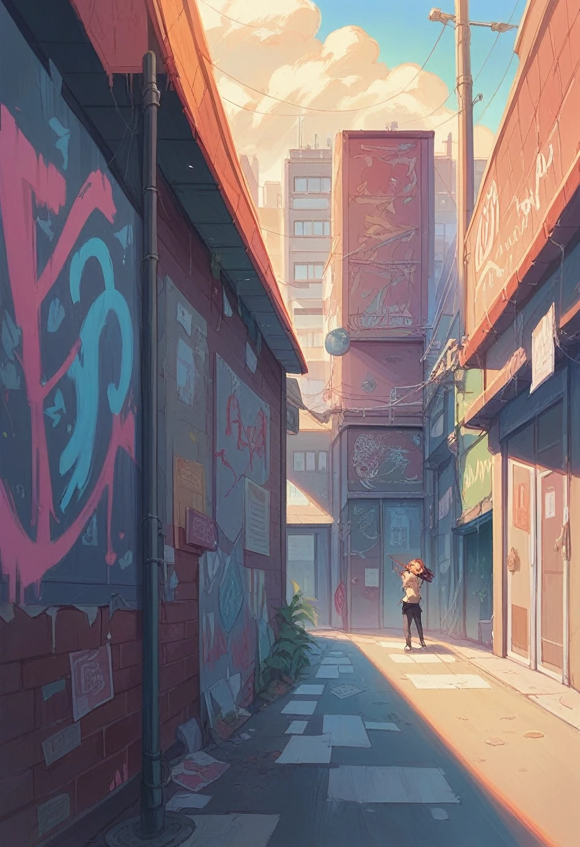 A girl passionately playing the violin inside a building adorned with street art. On the wall behind her, there's a large, vibrant graffiti that says 'Feel it,' adding an urban and artistic vibe to the scene."





