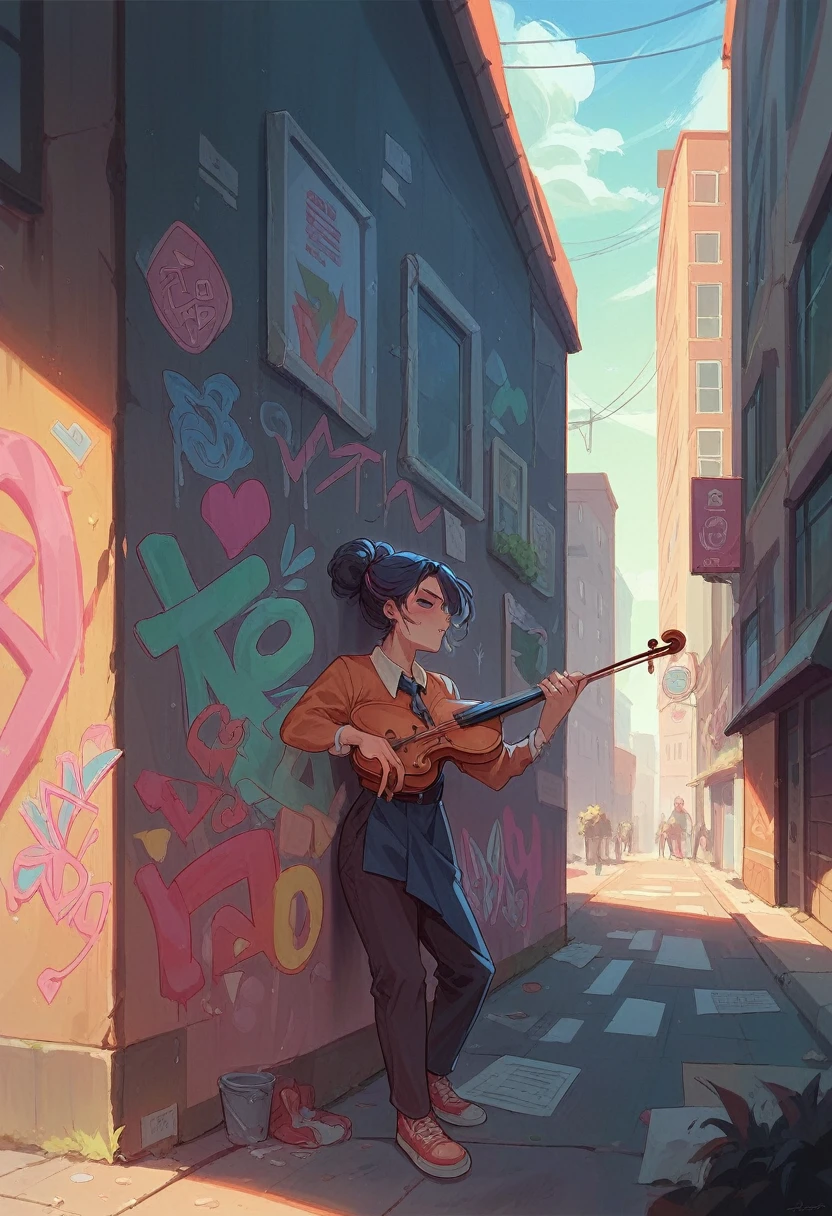 A girl passionately playing the violin inside a building adorned with street art. On the wall behind her, there's a large, vibrant graffiti that says 'Feel it,' adding an urban and artistic vibe to the scene."