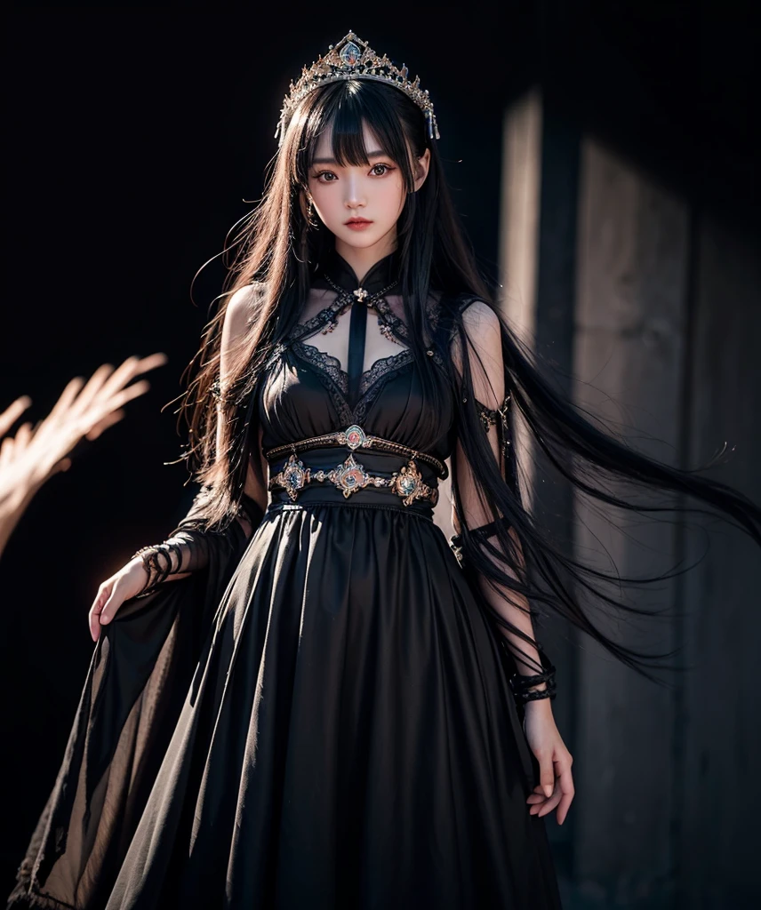 a mongolian princess girl,bangs black hair,standing,looking at to the viewer,(Very Detailed: 1.3),ultra realistic,HDR,(High Dynamic Range),8K RAW,(((1GIRL))),(((wearing black gown))),sad face,(((black background))),masterpiece,best quality,perfect proportion