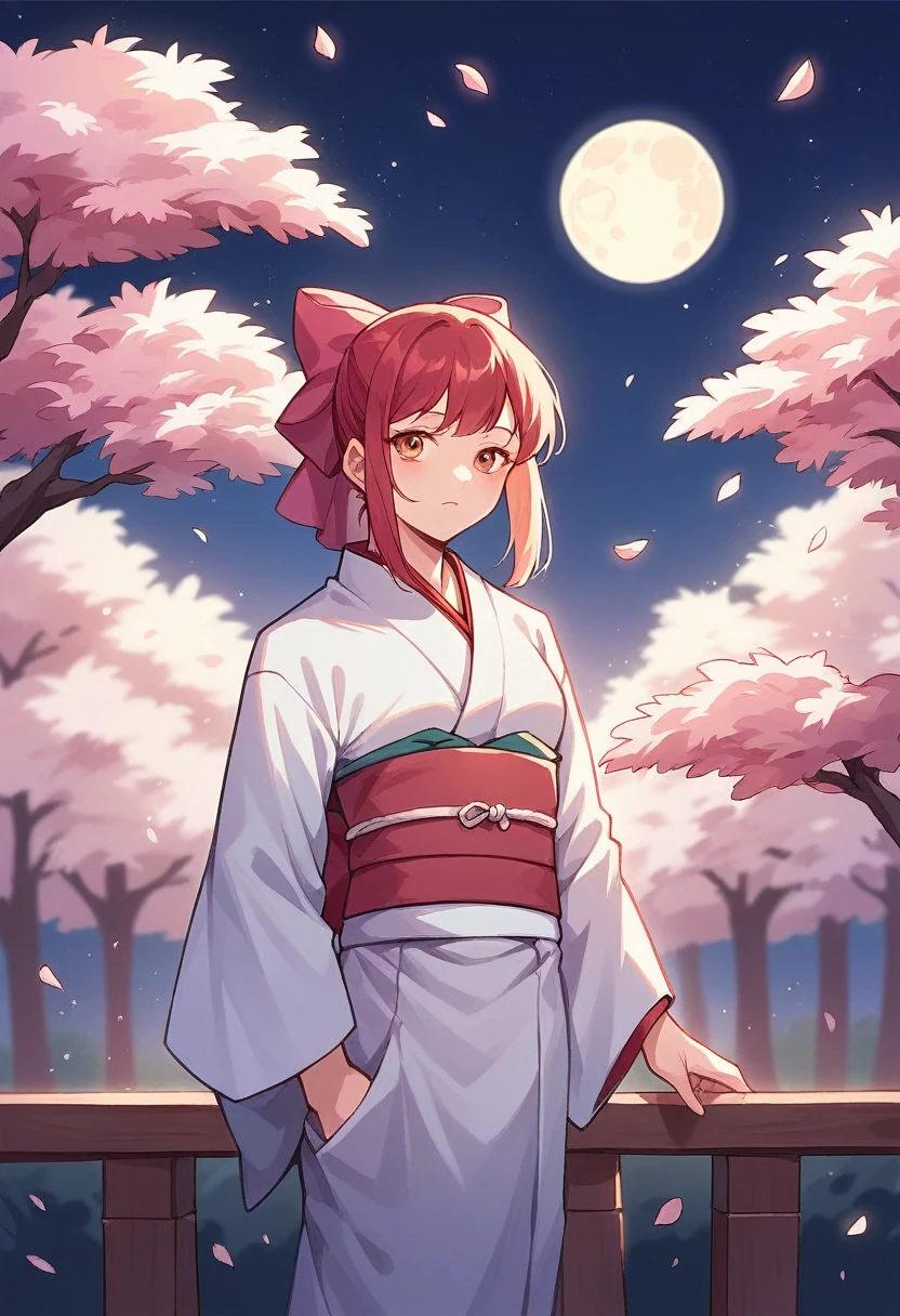 Create an anime-style illustration featuring a serene scene under a full moon. A young woman, dressed in a traditional Japanese kimono, stands gracefully among cherry blossom trees in full bloom. The blossoms are gently falling around her, adding to the peaceful ambiance. The background should showcase a large, glowing moon that illuminates the night sky, casting a soft light on the scene. The overall mood should be calm and ethereal, with an emphasis on the beauty of the cherry blossoms and the tranquility of the night.