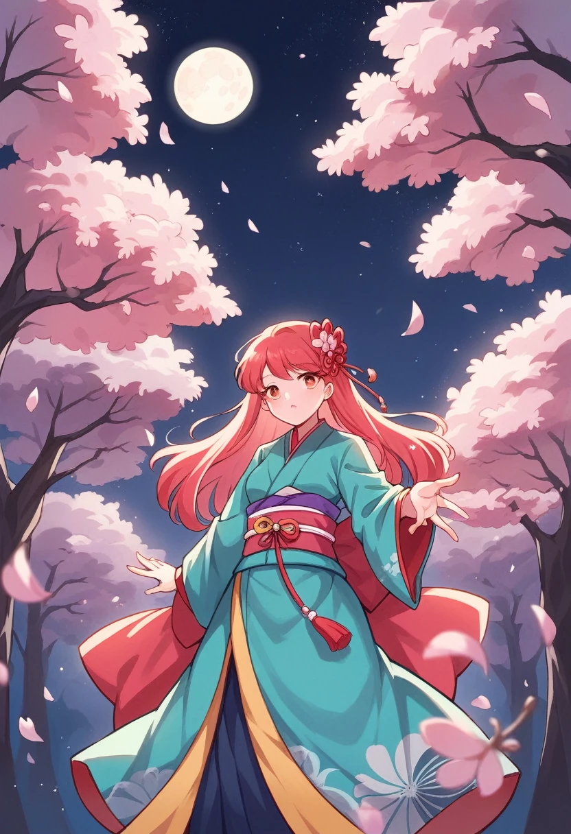 Create an anime-style illustration featuring a serene scene under a full moon. A young woman, dressed in a traditional Japanese kimono, stands gracefully among cherry blossom trees in full bloom. The blossoms are gently falling around her, adding to the peaceful ambiance. The background should showcase a large, glowing moon that illuminates the night sky, casting a soft light on the scene. The overall mood should be calm and ethereal, with an emphasis on the beauty of the cherry blossoms and the tranquility of the night.
