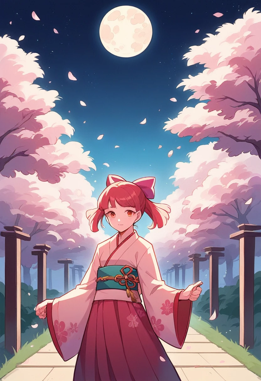 Create an anime-style illustration featuring a serene scene under a full moon. A young woman, dressed in a traditional Japanese kimono, stands gracefully among cherry blossom trees in full bloom. The blossoms are gently falling around her, adding to the peaceful ambiance. The background should showcase a large, glowing moon that illuminates the night sky, casting a soft light on the scene. The overall mood should be calm and ethereal, with an emphasis on the beauty of the cherry blossoms and the tranquility of the night.