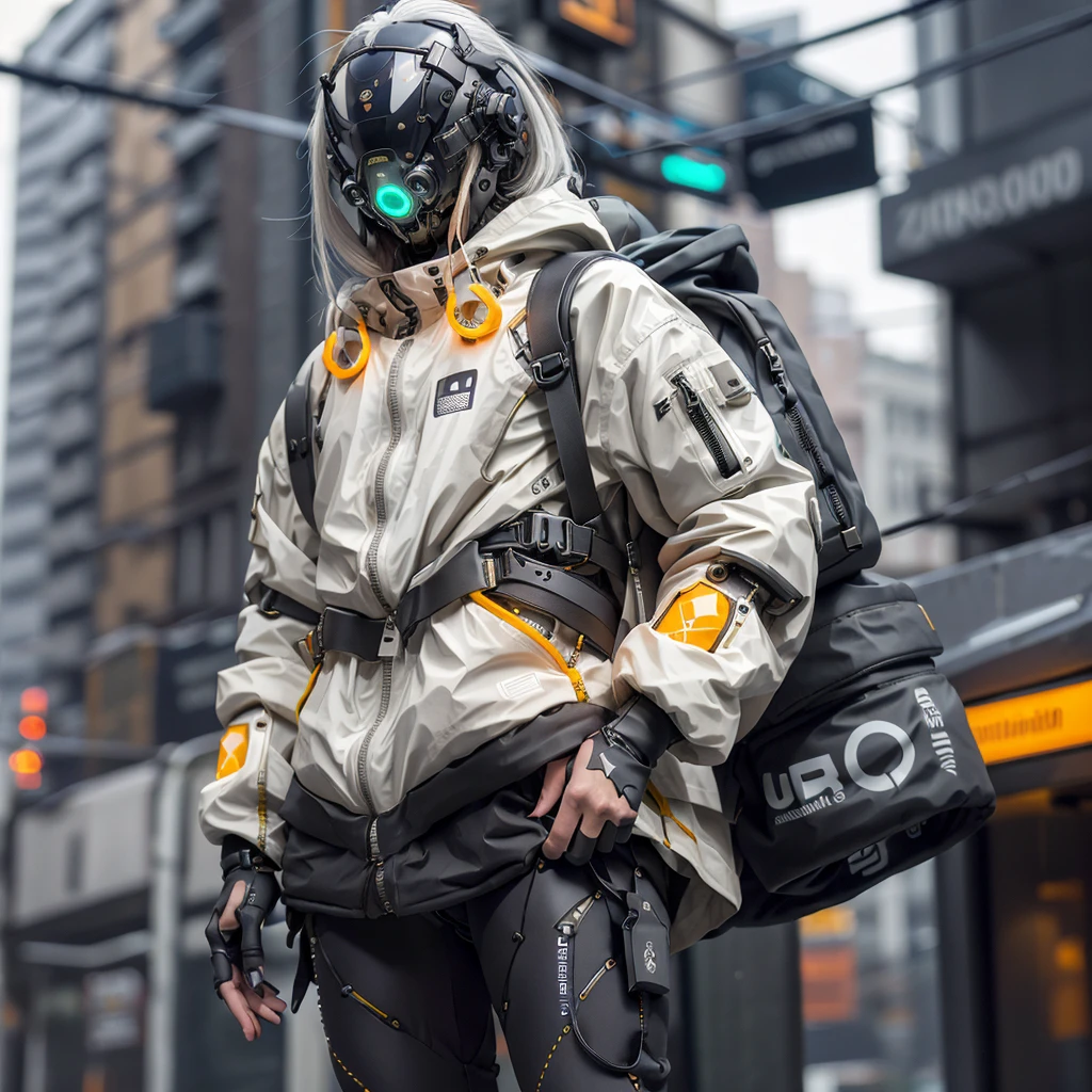 1girll, helmet, Hood, Solo, Spacesuit, Extra-long_Hair, bangs, Jacket, The upper part of the body_Body, White_Hair, bag, Blurry, Coat, Grey_Eyes, Mask, Blurry_Background, Backpack, zippers, Mouth_Mask, Covered_Mouth, Urban tech clothing, Outfit,lowerbody,Fair long legs,Unequal cyber leggings,with light glowing,zippers,Mechanical booties,Full body shot from head to toe。
