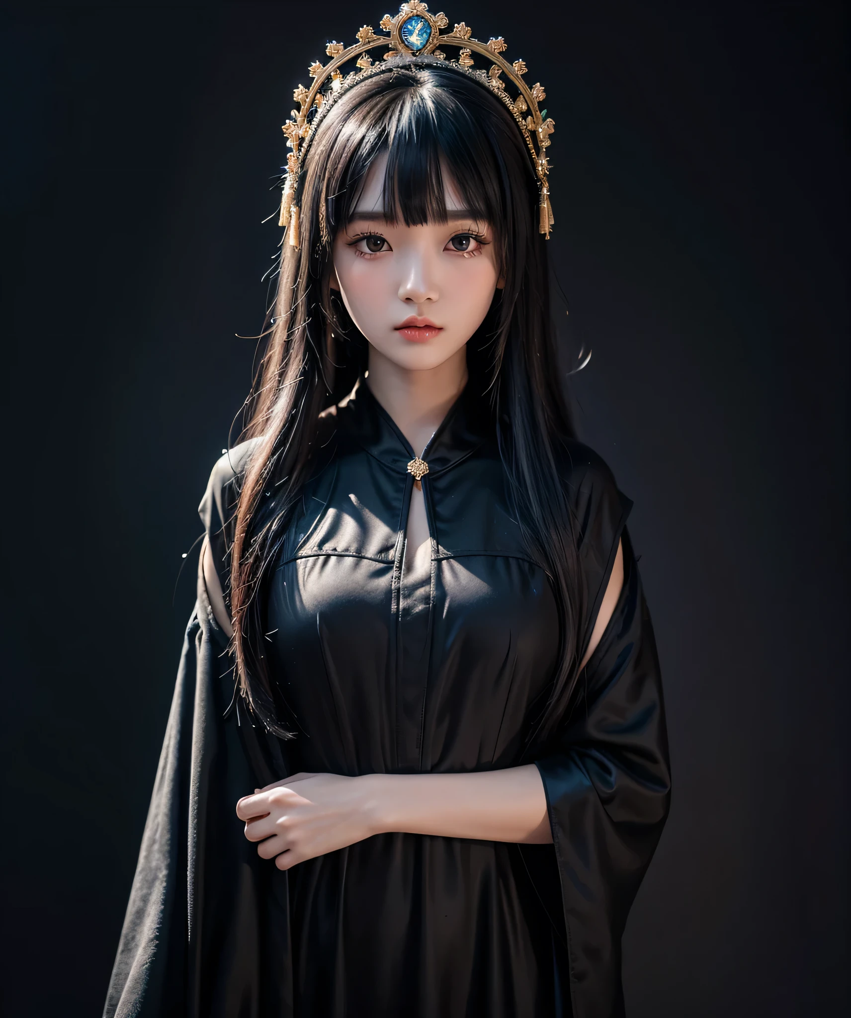 a mongolian princess girl,bangs black hair,standing,looking at to the viewer,(Very Detailed: 1.3),ultra realistic,HDR,(High Dynamic Range),8K RAW,(((1GIRL))),(((wearing black gown))),sad face,(((black background))),masterpiece,best quality,perfect proportion