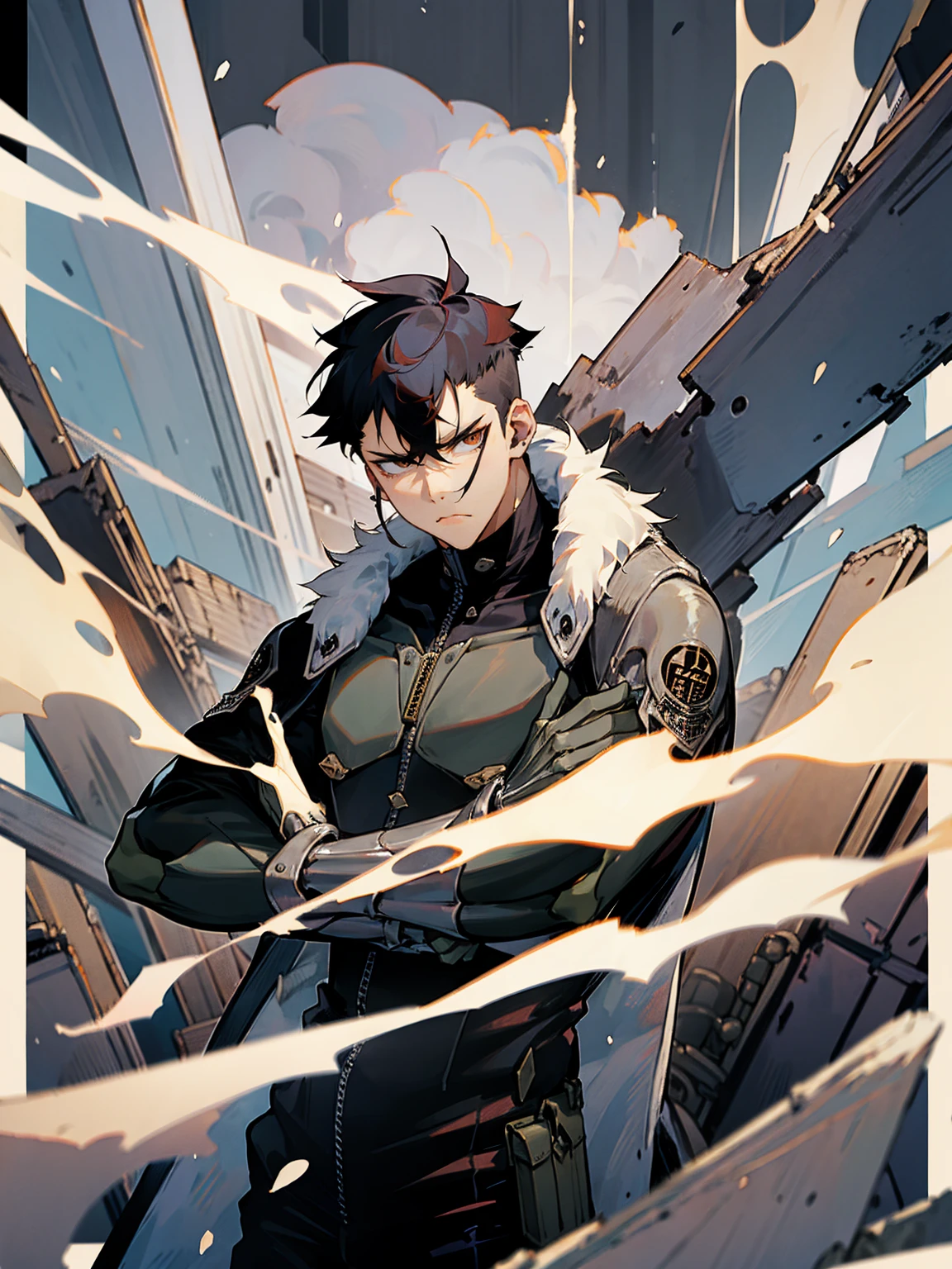 1male, black hair, bowlcut, modern undercut, oversized fur coat, eyes closed, laboratory, serious expression