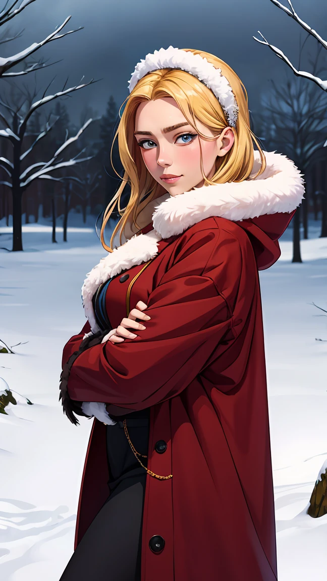 "Create an anime-style image of a woman resembling Elizabeth Olsen, with blonde hair and blue eyes. She has long eyelashes and a soft smile. She is wearing traditional Russian attire, including a kokoshnik (a traditional Russian headdress) and a winter coat with fur trim. The background should depict a snowy landscape, emphasizing the winter season. The image should be elegant with intricate details, rendered in 8k resolution, and should be super detailed and accurate, capturing the beauty and elegance of both Elizabeth Olsen and traditional Russian culture."
