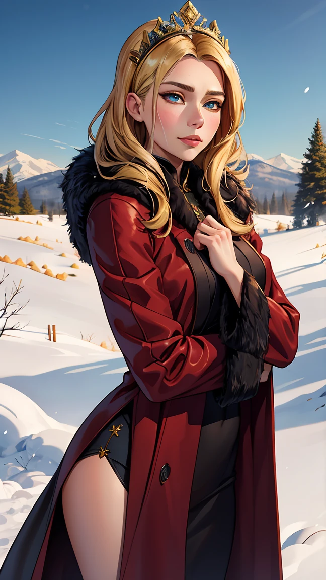 "Create an anime-style image of a woman resembling Elizabeth Olsen, with blonde hair and blue eyes. She has long eyelashes and a soft smile. She is wearing traditional Russian attire, including a kokoshnik (a traditional Russian headdress) and a winter coat with fur trim. The background should depict a snowy landscape, emphasizing the winter season. The image should be elegant with intricate details, rendered in 8k resolution, and should be super detailed and accurate, capturing the beauty and elegance of both Elizabeth Olsen and traditional Russian culture."