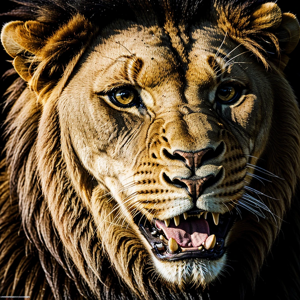 animal, majestic lion, roaring, ultra high definition, cinematic, dramatic, close up photo, domineering, arrogant, kingly, exposed teeth