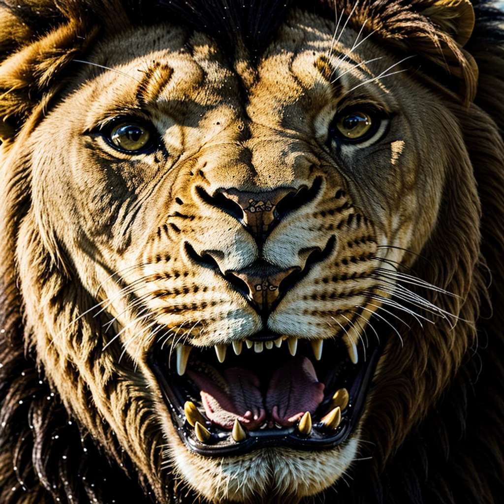 animal, majestic lion, roaring, ultra high definition, cinematic, dramatic, close up photo, domineering, arrogant, kingly, exposed teeth