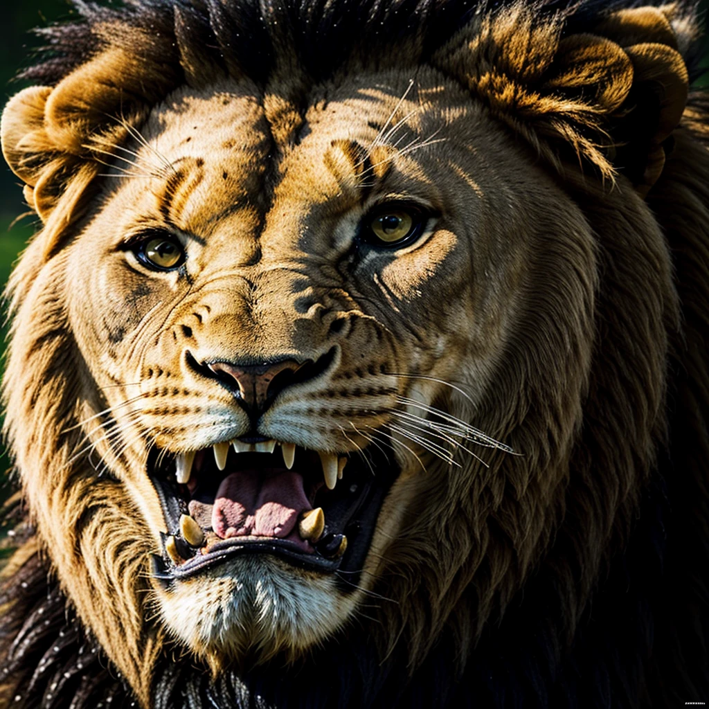 animal, majestic lion, roaring, ultra high definition, cinematic, dramatic, close up photo, domineering, arrogant, kingly, exposed teeth