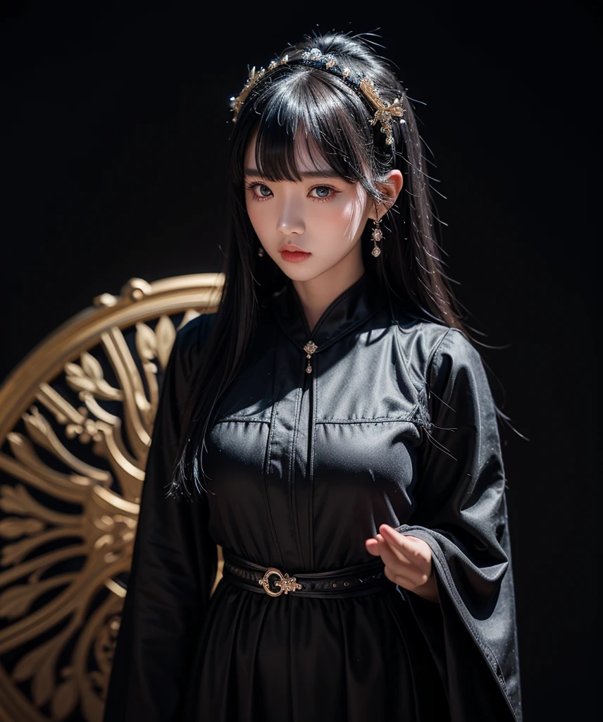 a mongolian princess girl,bangs black hair,standing,looking at to the viewer,(Very Detailed: 1.3),ultra realistic,HDR,(High Dynamic Range),8K RAW,(((1GIRL))),(((wearing black gown))),sad face,(((black background))),masterpiece,best quality,perfect proportion