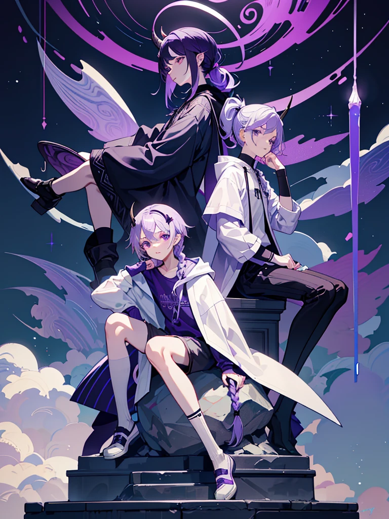boy thoughtful look open forehead. white and purple hair braided in a ponytail on the left side to one side. sinuous black horns wrapped in dark purple ribbon. pale violet eyes. in short dark purple shorts. long white T-shirt. dark purple knee-high socks. white long coat with hood. black limit stone walls purple light from lamps sitting on the steps