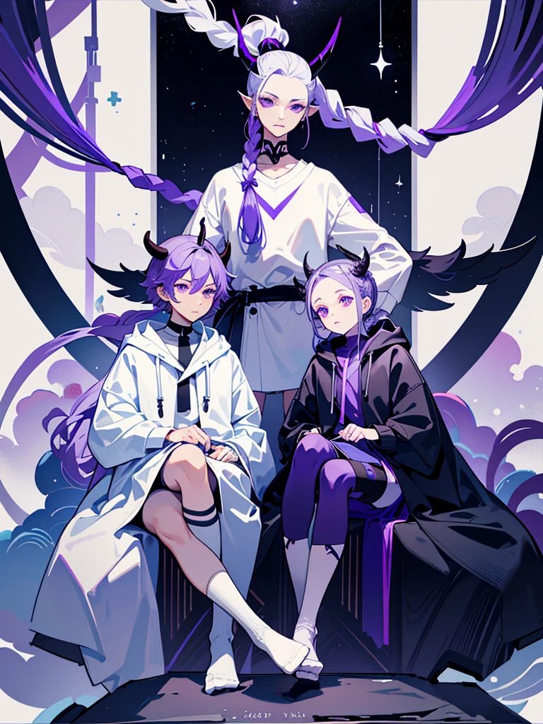 boy thoughtful look open forehead. white and purple hair braided in a ponytail on the left side to one side. sinuous black horns wrapped in dark purple ribbon. pale violet eyes. in short dark purple shorts. long white T-shirt. dark purple knee-high socks. white long coat with hood. black limit stone walls purple light from lamps sitting on the steps