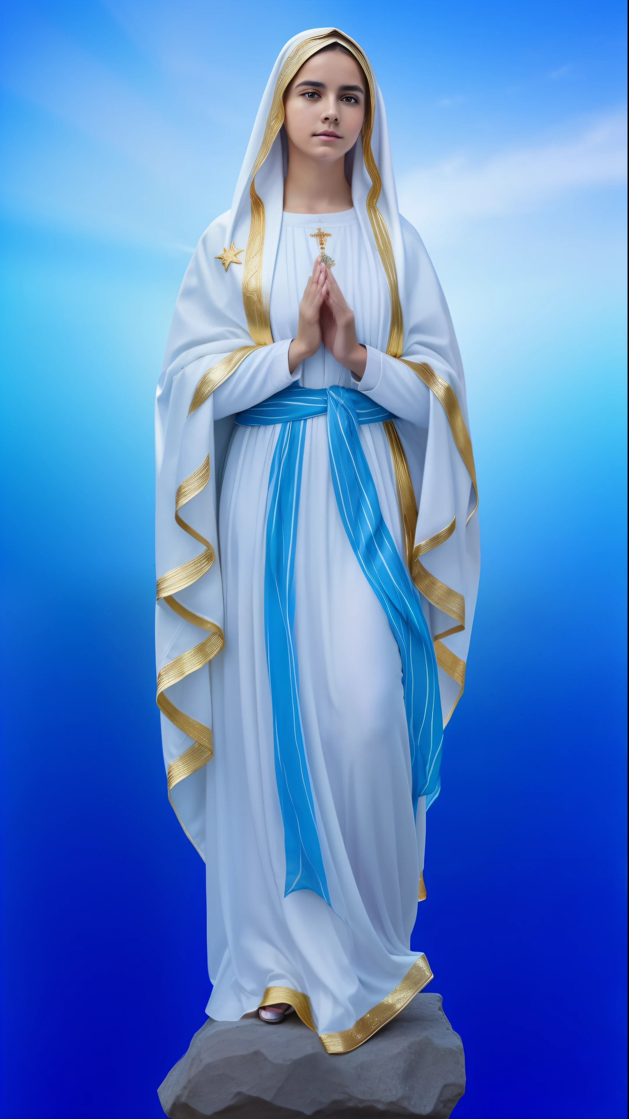 ((Blessed Virgin Mary. 19 years))) ((( Con una cara seria y piadosa. Con una mirada dulce y tierna))) (obra maestra, calidad superior, mejor calidad, arte oficial, hermoso y estetico: 1.2), (1 chica), extremadamente detallado, (Arte fractal: 1.3), vistoso, more detailed, Cara perfecta, parte superior del cuerpo, HDR, (orando: 1.3), (golden lines of white coat: 1.2), galaxia, (rayas de luz), striking images, (dynamic stripes, senderos luminosos: 1.2), colores vibrantes,