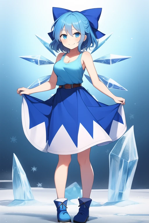 1girl, Touhou, Cirno, blue eyes, Blue hair, smiling expresion, playful, cute, ice land background, frozen frogs, full body, wide shot, blue female tank top, blue female shorts, blue female arm wear cloth, medium size breasts, armor top, blue belt, Ice boots, blue ribbon 