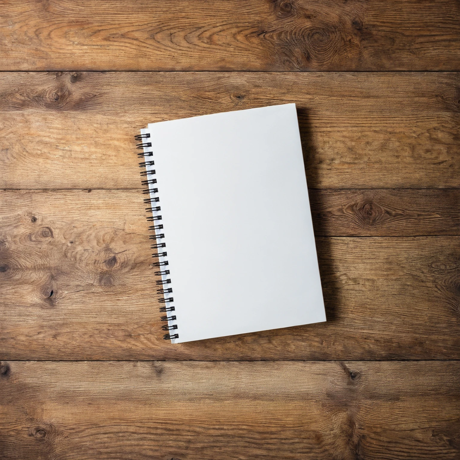 Mockup empty, a blank, white, empty spiral notebook lying on a vintage wooden desk, top view
