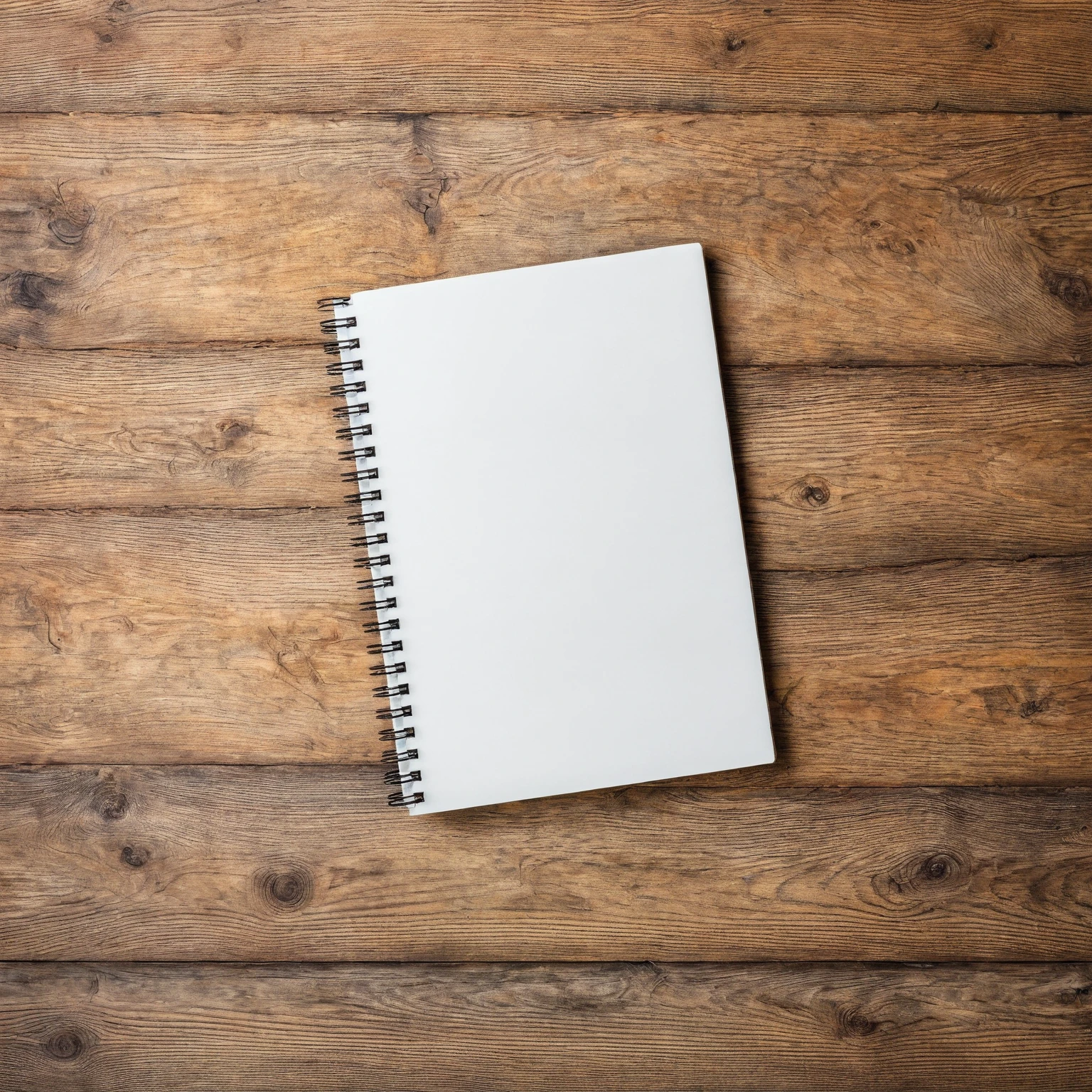 Mockup empty, a blank, white, empty spiral notebook lying on a vintage wooden desk, top view