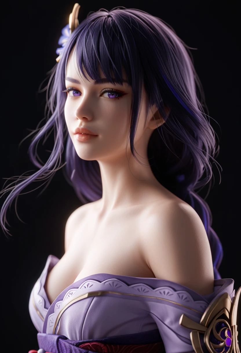 A sexy girl realistic, (Raiden Shogun in Genshin Impact), wearing an off-the-shoulder purple kimono, in her battle pose, epic, cinematic,half body shot,black background,3DCG,3D rendering,realistic,purple lighting,transparent hair,blender, cinematic lighting,soft light,white rim light,high detail,hyper quality,beautiful studio lighting,unreal engine,super detailed, perfect shading,unreal engine,super detailed, 32K,8k, score_9, score_8_up, score_7_up