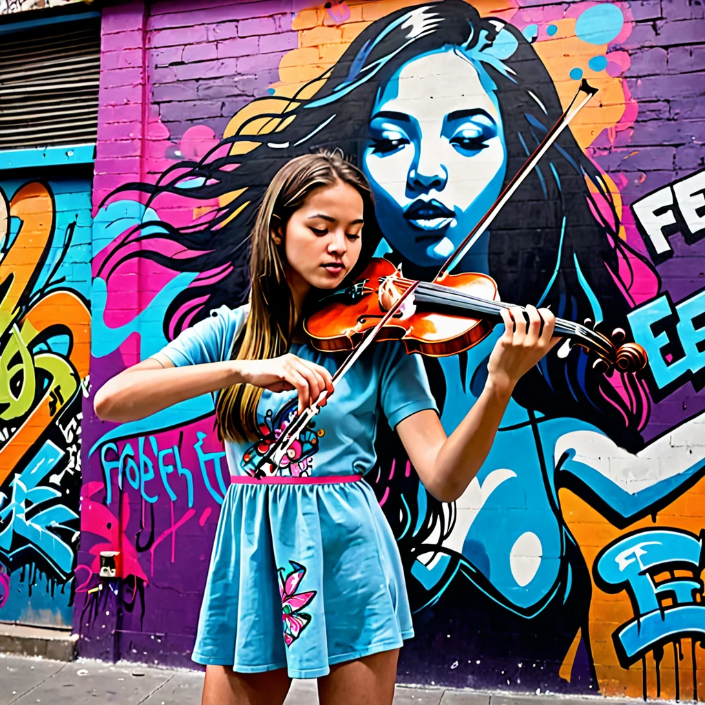 A girl passionately playing the violin inside a building adorned with street art. On the wall behind her, there's a large, vibrant graffiti that says 'Feel it,' adding an urban and artistic vibe to the scene.