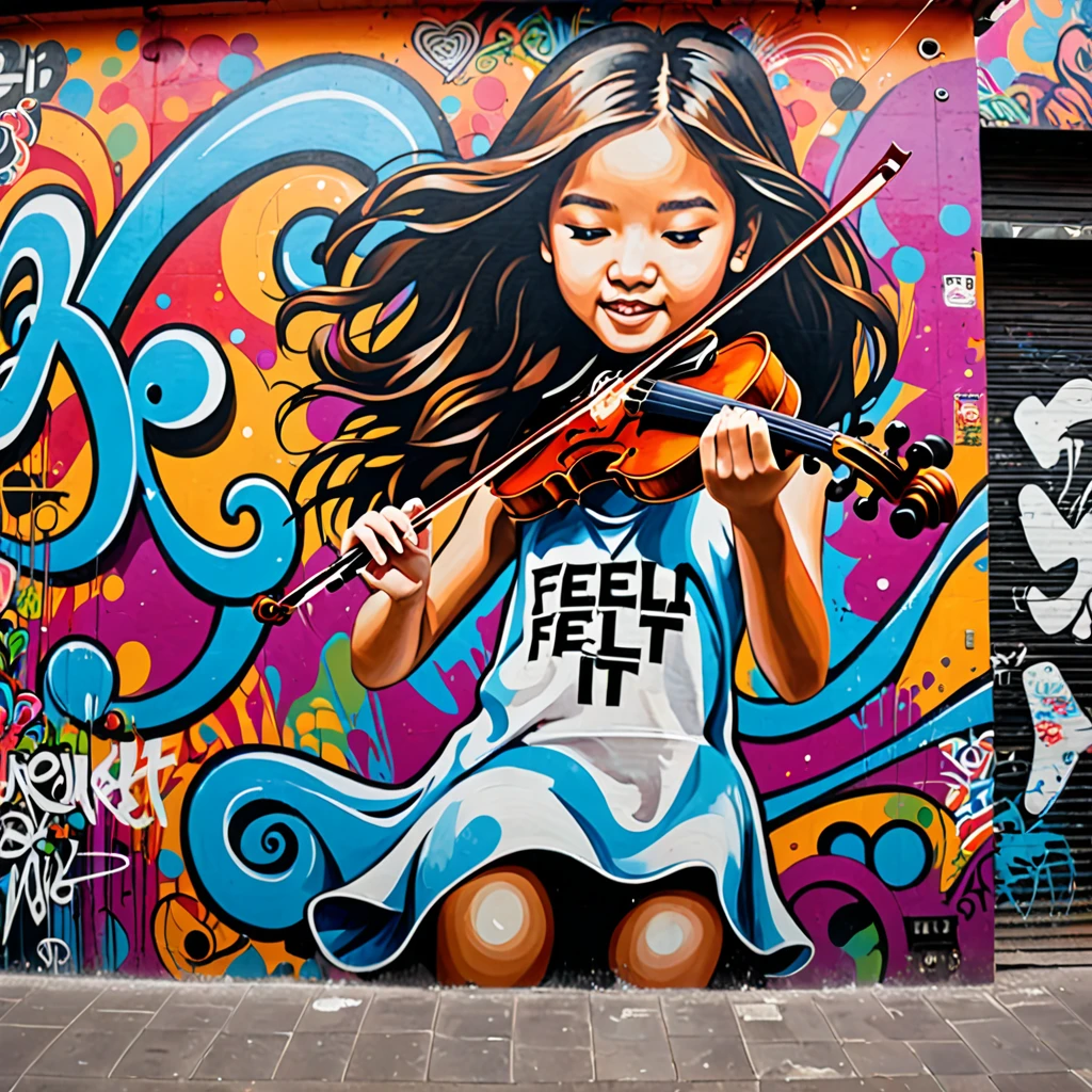A girl passionately playing the violin inside a building adorned with street art. On the wall behind her, there's a large, vibrant graffiti that says 'Feel it,' adding an urban and artistic vibe to the scene.