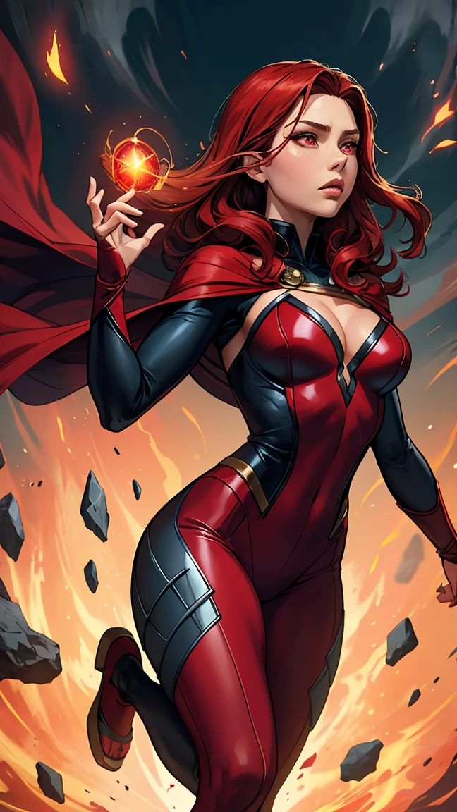 Create an anime-style image of Elizabeth Olsen as the Scarlet Witch from the Marvel movies. She has red hair and glowing red eyes. She is wearing the iconic Scarlet Witch costume, which includes a red headpiece, a red and black bodysuit, and a flowing red cape. She is surrounded by a magic aura and is casting a spell with her hands, which are glowing with red energy. The pose should be dynamic and powerful, as if she is floating in mid-air. The background should be dark and atmospheric, emphasizing her magical abilities. The image should be highly detailed, accurate, and rendered in 8k resolution, capturing the powerful and intricate nature of the Scarlet Witch."